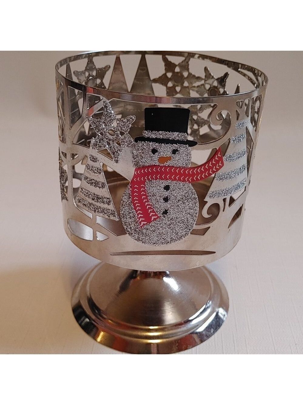Bath & Body Works Christmas Holiday Glitter Snowman Metal Pedestal Candle Holder